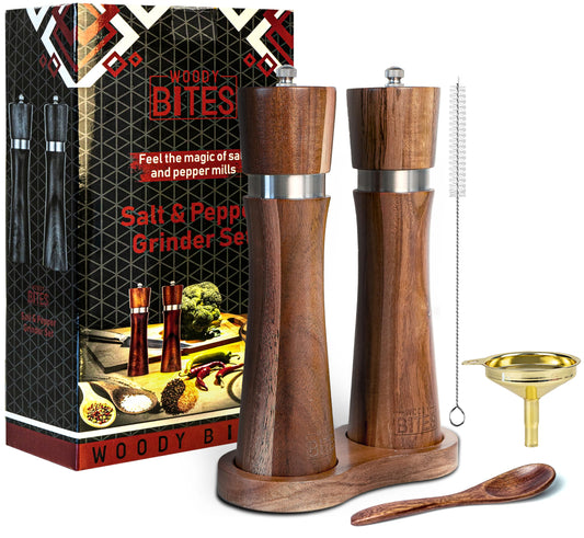 Wooden Salt and Pepper Grinder Set Manual 8-inch Salt and Pepper shakers Refillable with Adjustable Coarseness Salt grinder Pepper Grinder pepper mill Base Funnel Spoon Cleaning Brush
