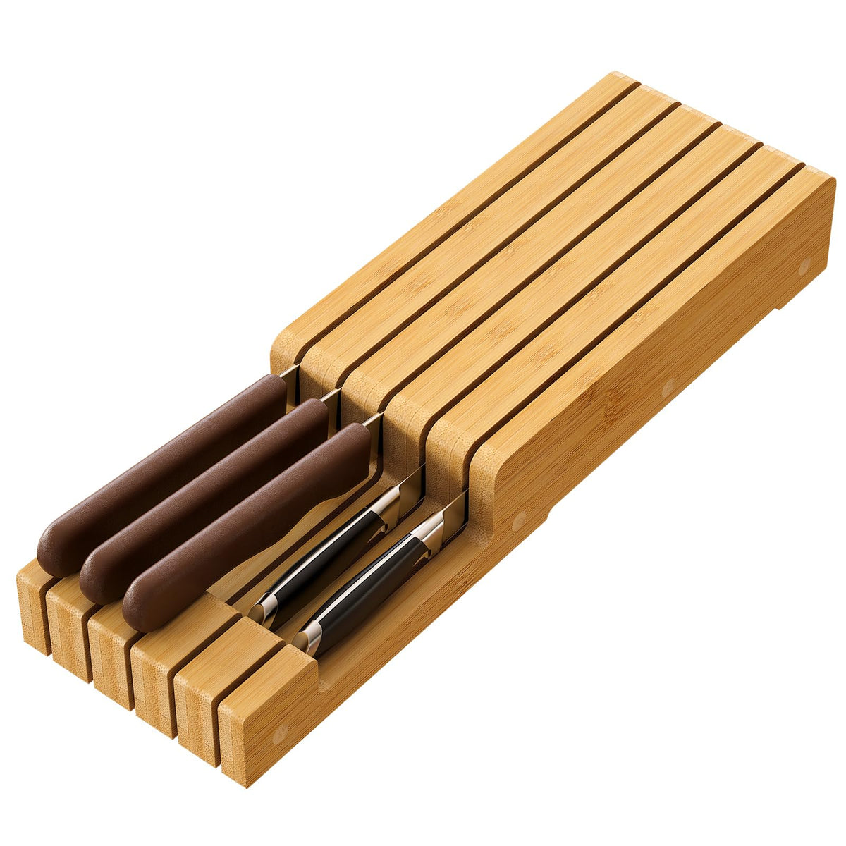Knife Organizer Drawer Insert In-Drawer Bamboo Wood Knife Block Drawer Knife Storage Steak Knife Holder Without Knives Holds up to 5 Knives
